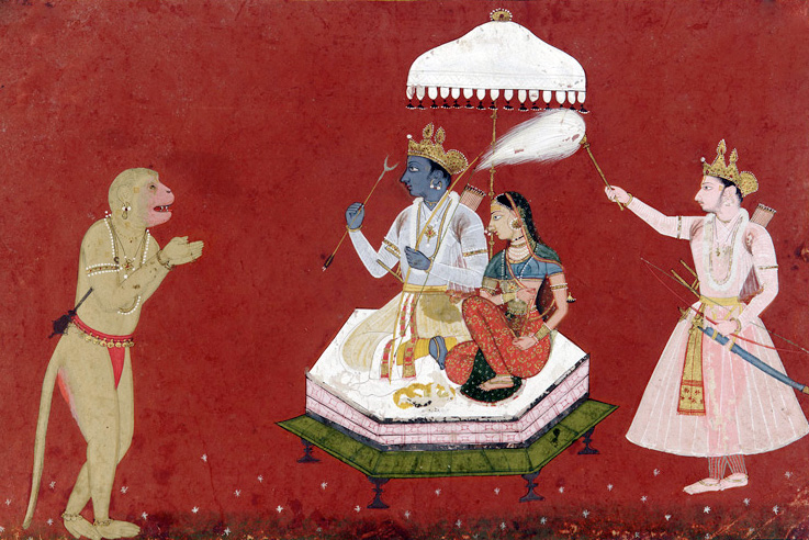 Hanuman worshipping Rama and Sita